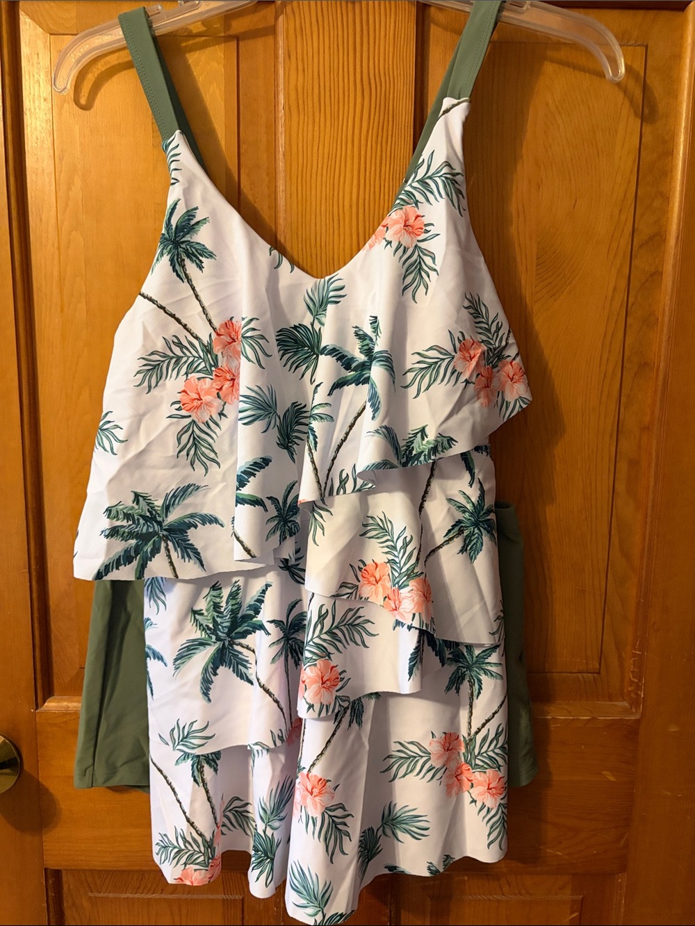 Tropical,Ruffled,tankini,paddedTop with Olive Straps,& matching olive shorts
